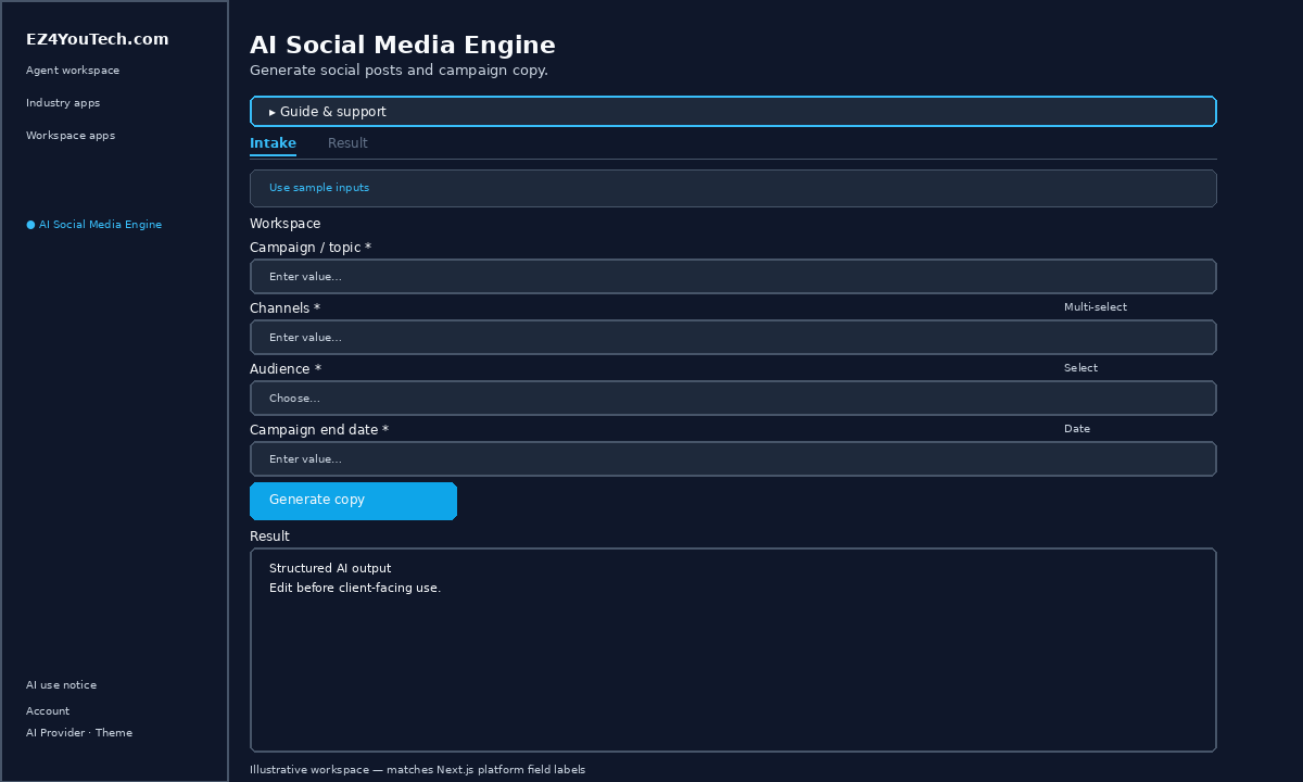 AI Social Media Engine multi-channel draft workspace