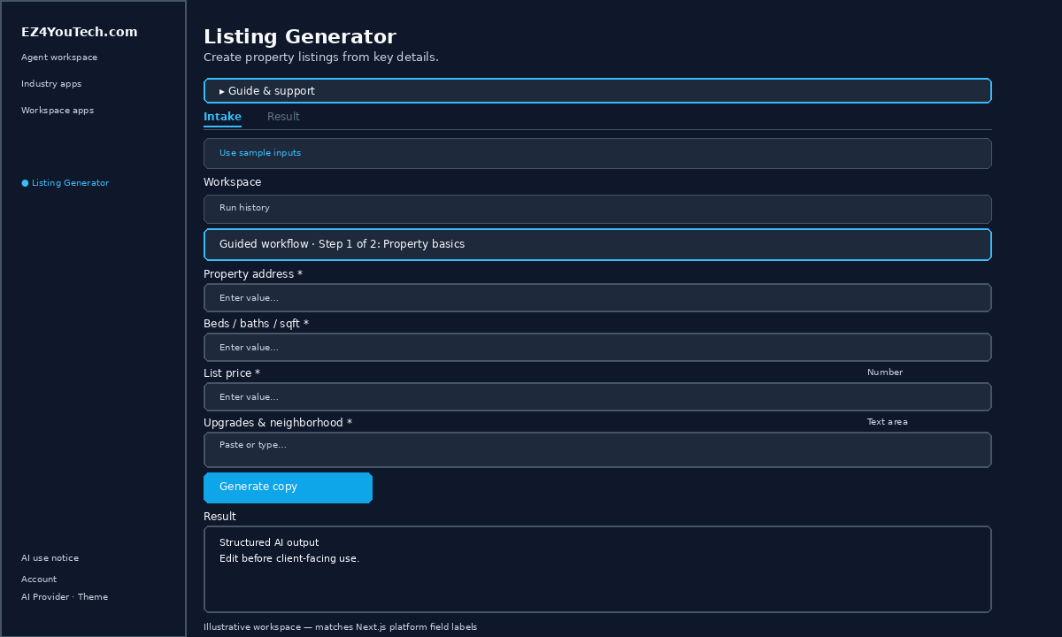 Listing Generator property description workspace