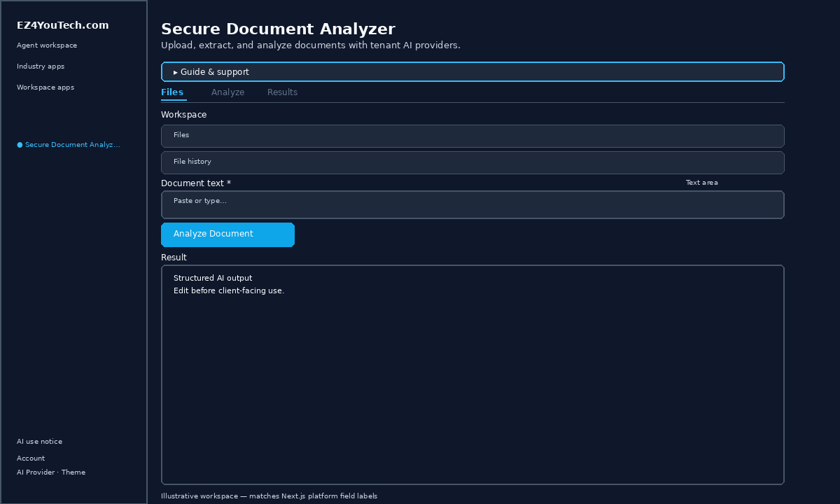 Secure Document Analyzer workspace with labeled fields